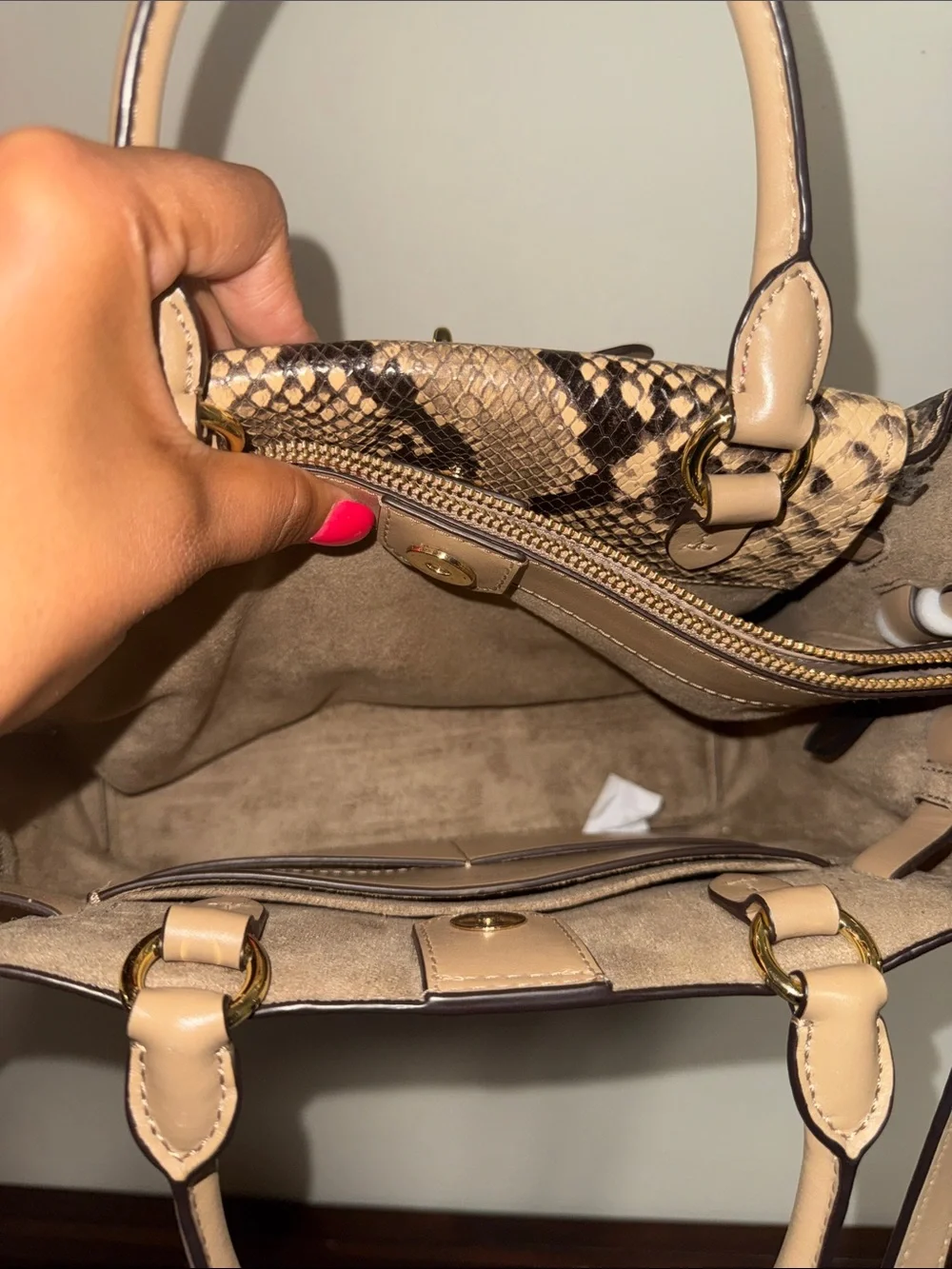 Michael Kors Tan Snake-Print Satchel with Gold Hardware